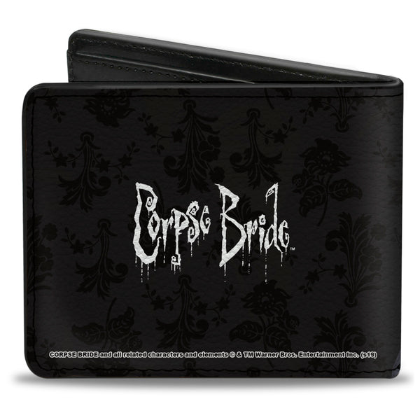 Buckle Down Bi-Fold Wallet - Corpse Bride Emily Victor Pose + Logo Grays Black White