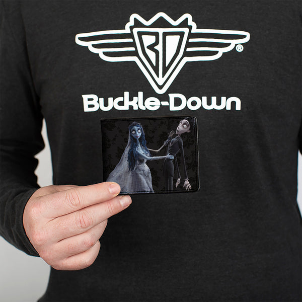 Buckle Down Bi-Fold Wallet - Corpse Bride Emily Victor Pose + Logo Grays Black White