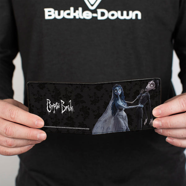 Buckle Down Bi-Fold Wallet - Corpse Bride Emily Victor Pose + Logo Grays Black White
