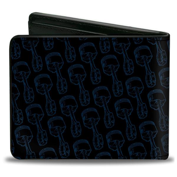 Buckle Down Bi-Fold Wallet - FORD Oval Stripe Piston Repeat Black Blue White