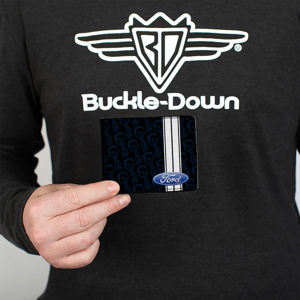 Buckle Down Bi-Fold Wallet - FORD Oval Stripe Piston Repeat Black Blue White