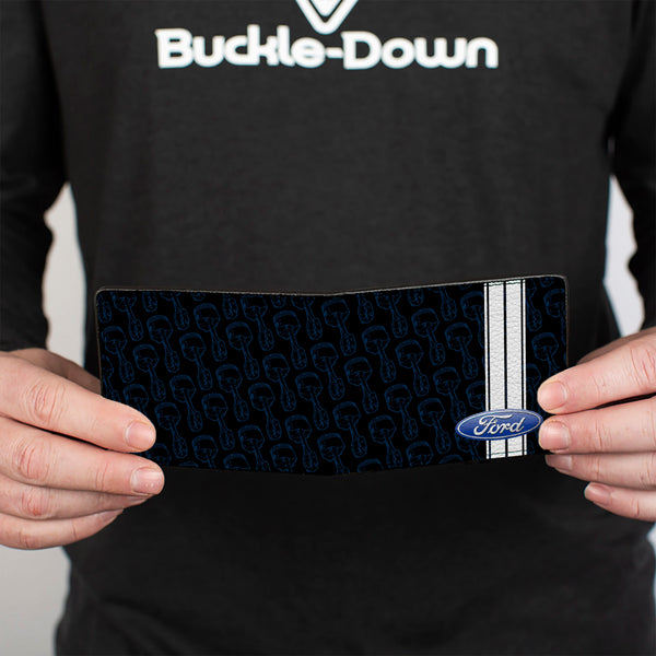 Buckle Down Bi-Fold Wallet - FORD Oval Stripe Piston Repeat Black Blue White