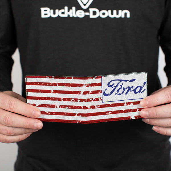 Buckle Down Bi-Fold Wallet - FORD Script Americana Flag Weathered White Red Blue