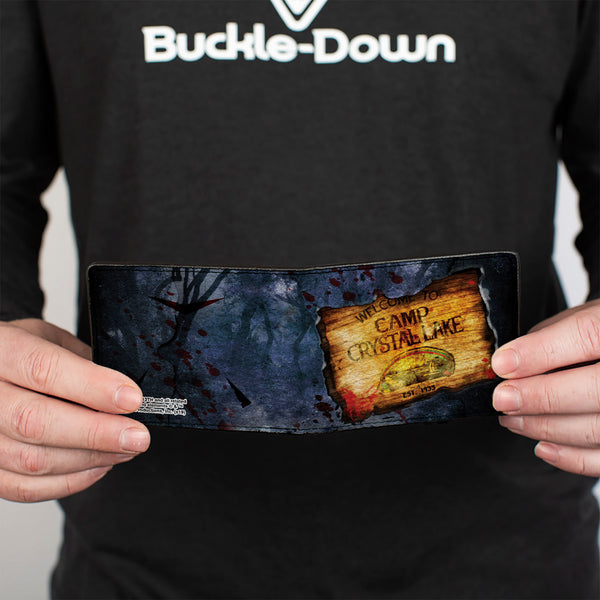 Buckle Down Bi-Fold Wallet - Friday The 13th WELCOME TO CAMP CRYSTAL LAKE Sign Trees Grays Blood Splatter