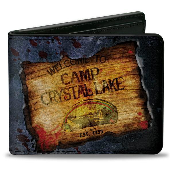 buckle down Bi-Fold Wallet - Friday the 13th WELCOME TO CAMP CRYSTAL LAKE Sign Trees Grays Blood Splatter