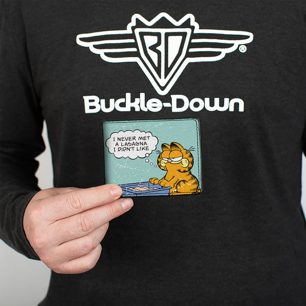 Buckle Down Bi-Fold Wallet - Garfield NEVER MET A LASAGNA Pose Light Blue