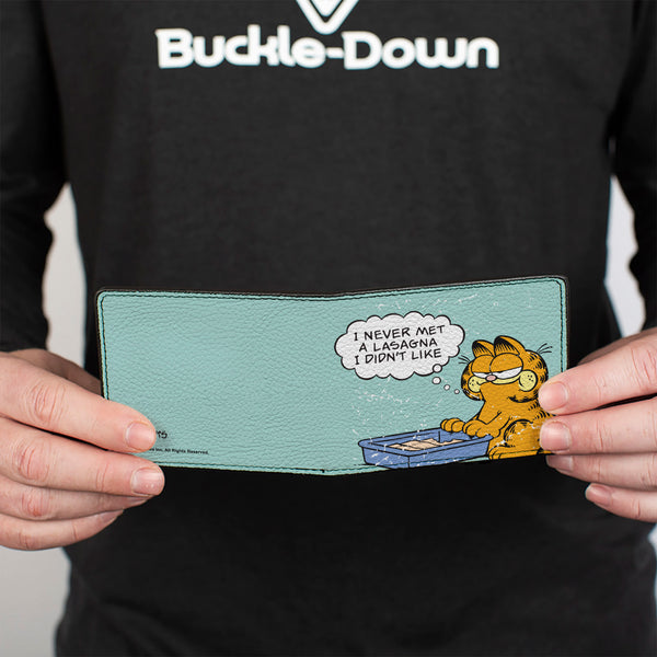 Buckle Down Bi-Fold Wallet - Garfield NEVER MET A LASAGNA Pose Light Blue
