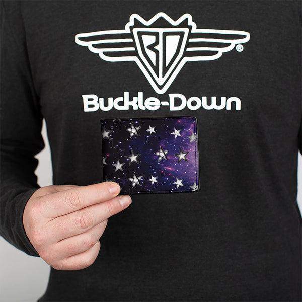 Buckle Down Bi-Fold Wallet - Glowing Stars In Space Black Purple White