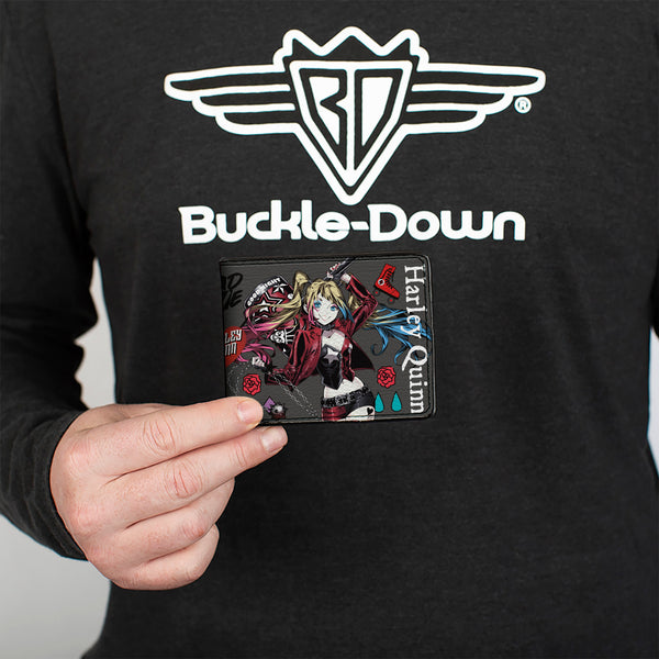 Buckle Down Bi-Fold Wallet - Harley Quinn GOOD NIGHT Anime Pose And Icons Collage Red/Black