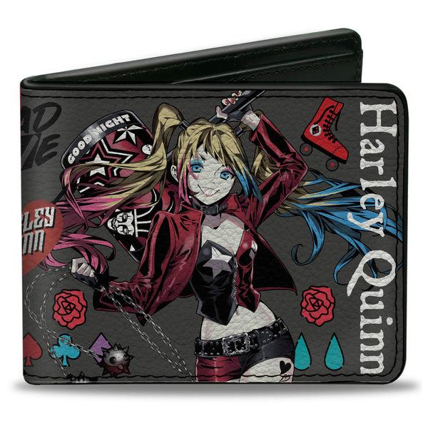 buckle down Bi-Fold Wallet - Harley Quinn GOOD NIGHT Anime Pose and Icons Collage Red/Black