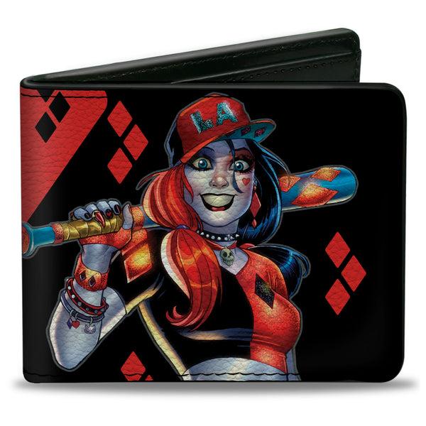 buckle down Bi-Fold Wallet - Harley Quinn Issue #20 LA Baseball Cover Pose Diamonds Black Red