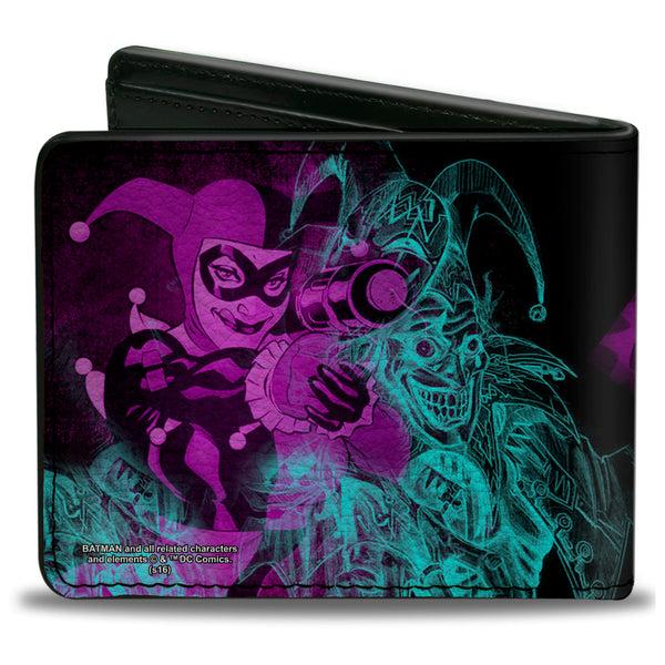 Buckle Down Bi-Fold Wallet - HARLEY QUINN Pow + Aiming Poses Joker Sketch Black Turquoise Fuchsia