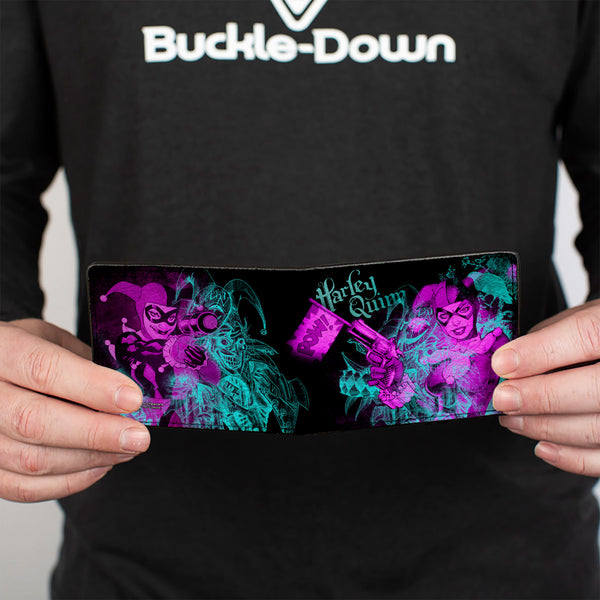 Buckle Down Bi-Fold Wallet - HARLEY QUINN Pow + Aiming Poses Joker Sketch Black Turquoise Fuchsia