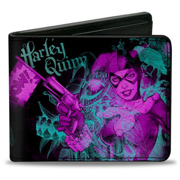 buckle down Bi-Fold Wallet - HARLEY QUINN Pow + Aiming Poses Joker Sketch Black Turquoise Fuchsia