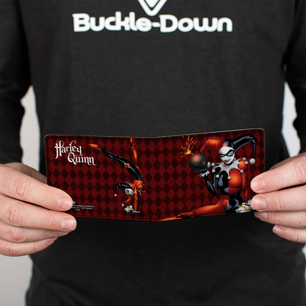 Buckle Down Bi-Fold Wallet - HARLEY QUINN W Batman Voodoo Doll Holding Bomb + Hand Stand Diamonds Reds White