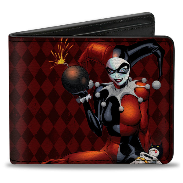 buckle down Bi-Fold Wallet - HARLEY QUINN w Batman Voodoo Doll Holding Bomb + Hand Stand Diamonds Reds White