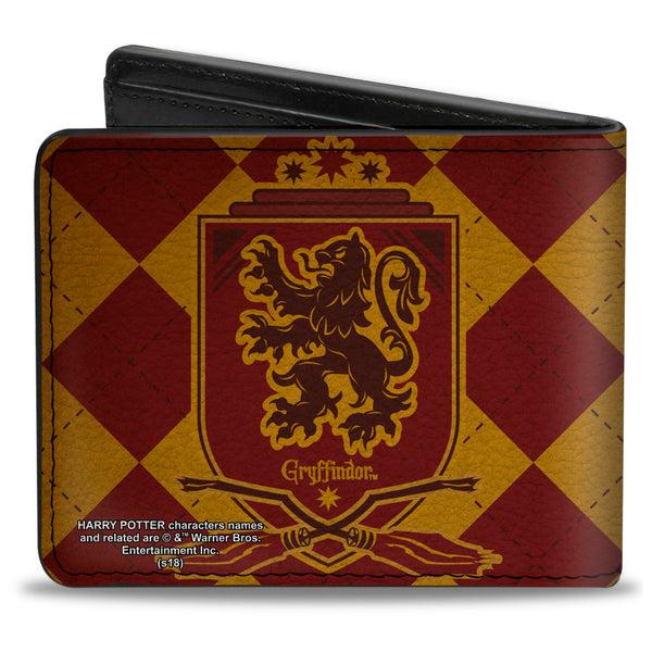 Buckle Down Bi-Fold Wallet - Harry Potter GRYFFINDOR Shield Brooms Argyle Gold Burgundy Reds