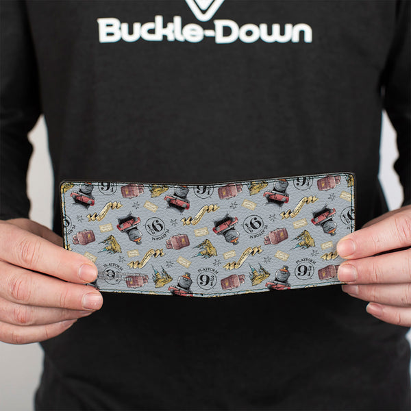 Buckle Down Bi-Fold Wallet - Harry Potter Hogwarts Express Icons Collage Sky Blue