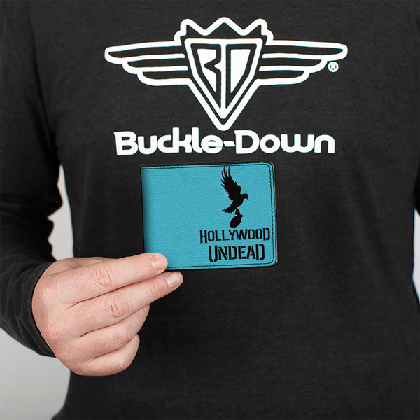 Buckle Down Bi-Fold Wallet - HOLLYWOOD UNDEAD Text Logo Dove & Grenade Icon Teal Black