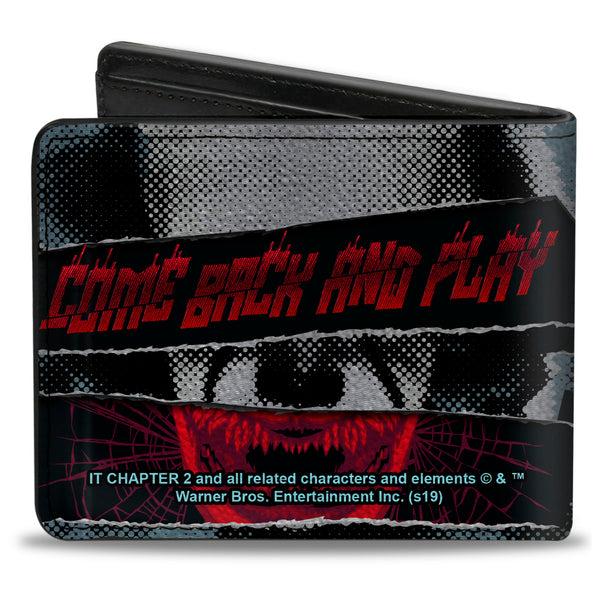 Buckle Down Bi-Fold Wallet - IT Chapter Two Pennywise COME BACK AND PLAY Collage Black White Reds Blues