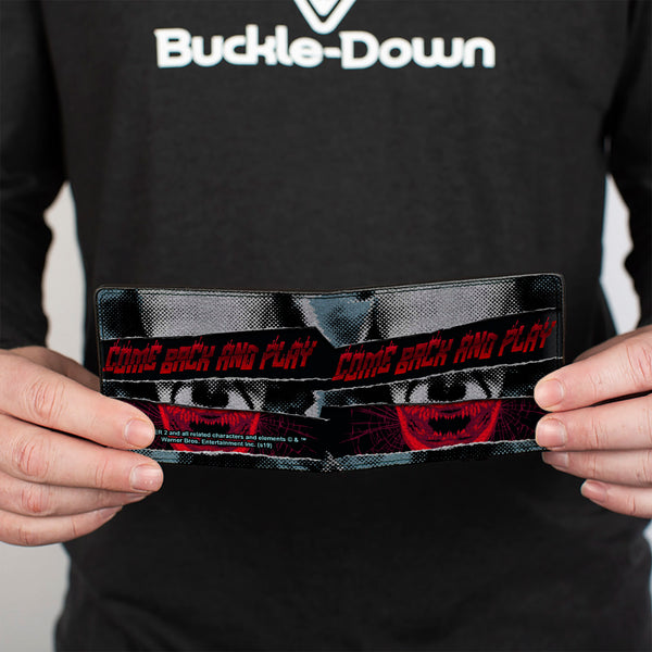 Buckle Down Bi-Fold Wallet - IT Chapter Two Pennywise COME BACK AND PLAY Collage Black White Reds Blues
