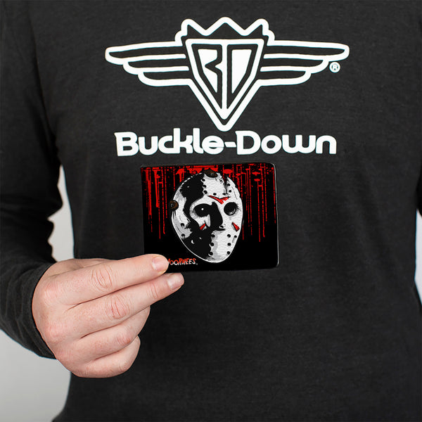 Buckle Down Bi-Fold Wallet - JASON VOORHEES Jason Mask4 + FRIDAY THE 13th Blood Splatter Black Red White