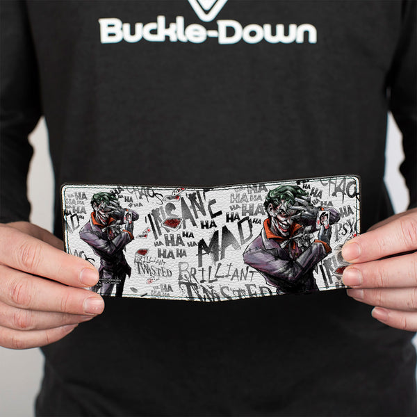 Buckle Down Bi-Fold Wallet - Joker BRILLIANT-TWISTED-INSANE-MAD PSYCHO Pose Cards White Grays
