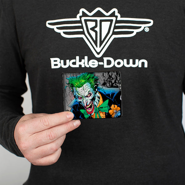 Buckle Down Bi-Fold Wallet - Joker Smiling Gun BANG Alley Pose CLOSE-UP