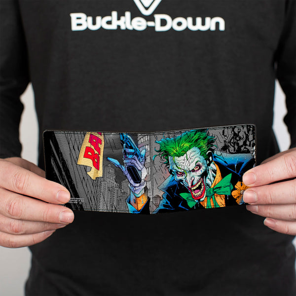 Buckle Down Bi-Fold Wallet - Joker Smiling Gun BANG Alley Pose CLOSE-UP