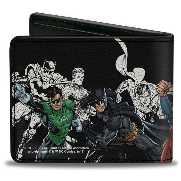 Buckle Down Bi-Fold Wallet - Justice League New 52 5-Superhero Double Action Poses Black White Full Color