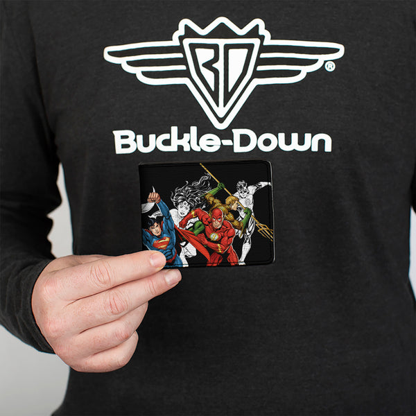 Buckle Down Bi-Fold Wallet - Justice League New 52 5-Superhero Double Action Poses Black White Full Color