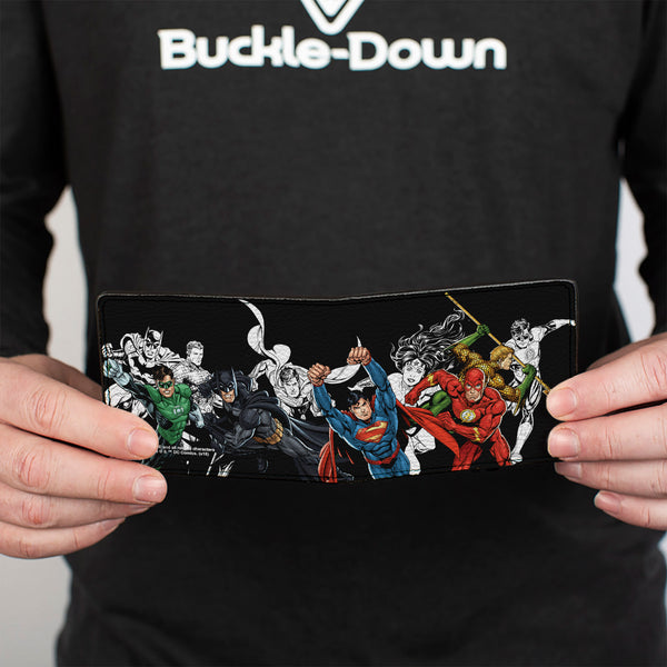 Buckle Down Bi-Fold Wallet - Justice League New 52 5-Superhero Double Action Poses Black White Full Color