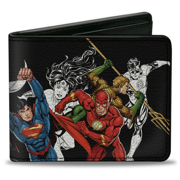 buckle down Bi-Fold Wallet - Justice League New 52 5-Superhero Double Action Poses Black White Full Color