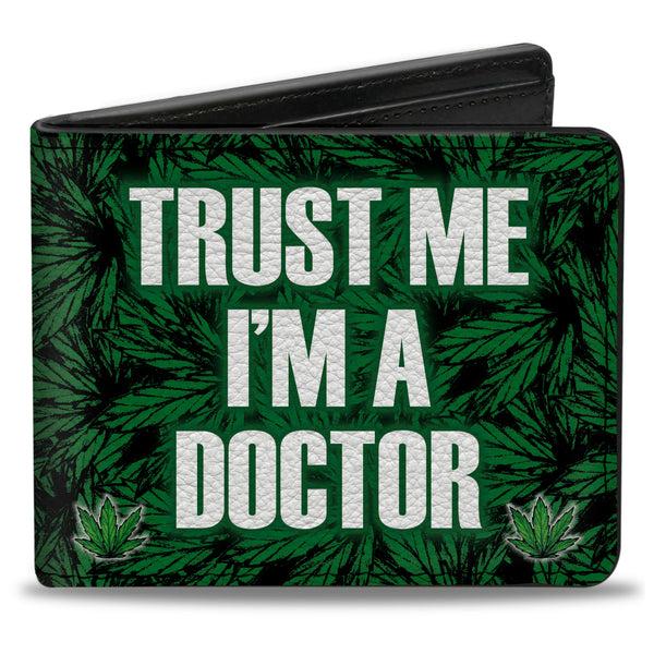 buckle down Bi-Fold Wallet - Marijauna Leaves Stacked TRUST ME I'M A DOCTOR Black Green White