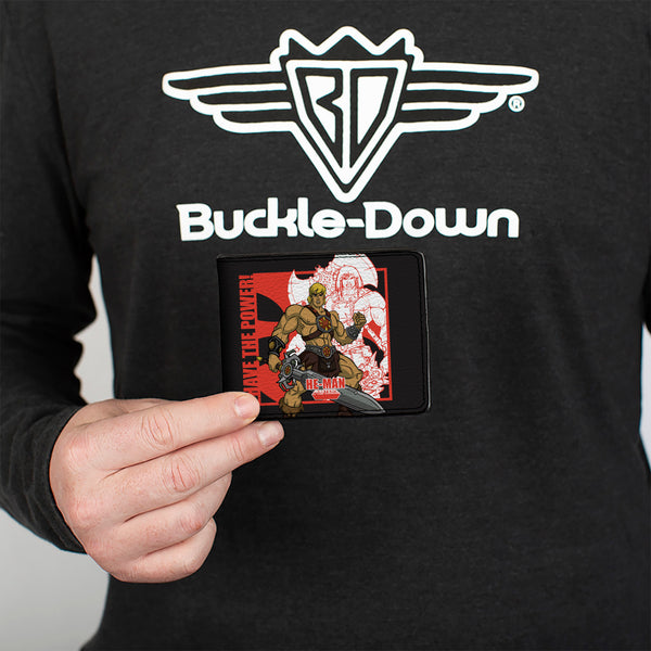 Buckle Down Bi-Fold Wallet - Masters Of The Universe He-Man And Skeletor Pose And Quotes Black