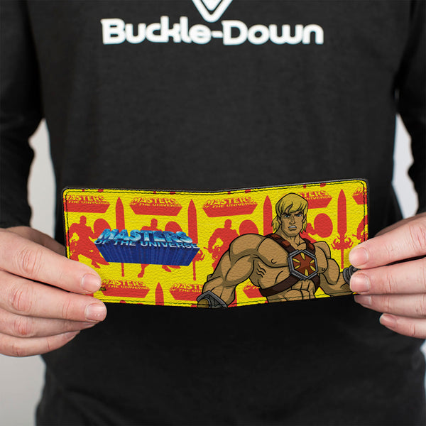 Buckle Down Bi-Fold Wallet - MASTERS OF THE UNIVERSE He-Man Pose And Title Logo Yellow/Red/Blues