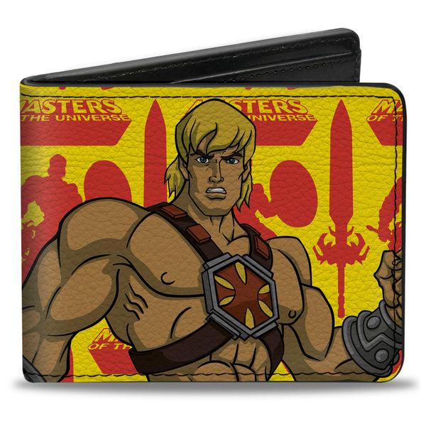 buckle down Bi-Fold Wallet - MASTERS OF THE UNIVERSE He-Man Pose and Title Logo Yellow/Red/Blues