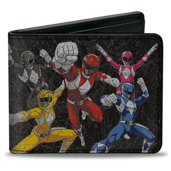 buckle down Bi-Fold Wallet - MMPR Power Rangers Group Action Pose Weathered and Title Logo Black