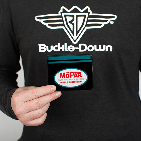 Buckle Down Bi-Fold Wallet - MOPAR 1954-1958 Logo + Chrysler Logo Top Stripe Black Blue Red White