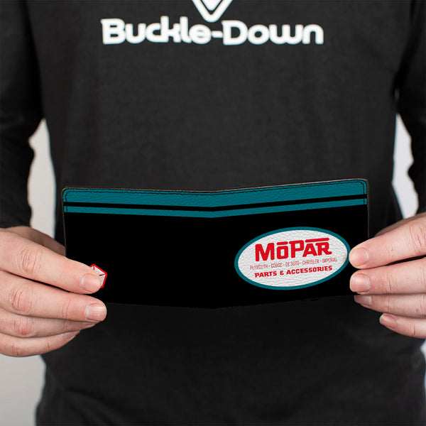 Buckle Down Bi-Fold Wallet - MOPAR 1954-1958 Logo + Chrysler Logo Top Stripe Black Blue Red White