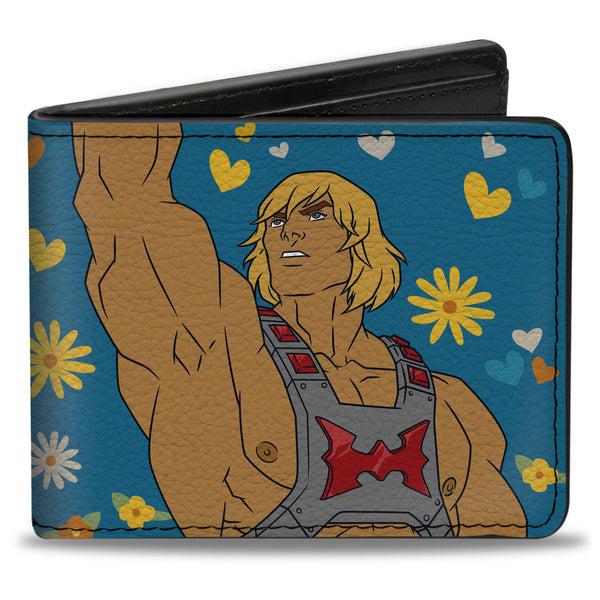 buckle down Bi-Fold Wallet - MOTU He-Man BY THE POWER OF LOVE Hearts and Flowers Pose Blues/Yellows