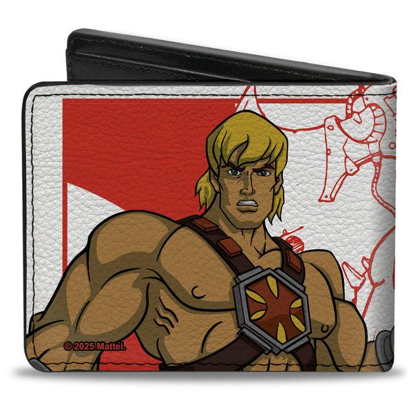 Buckle Down Bi-Fold Wallet - MOTU He-Man I HAVE THE POWER Pose And Sketch White/Red