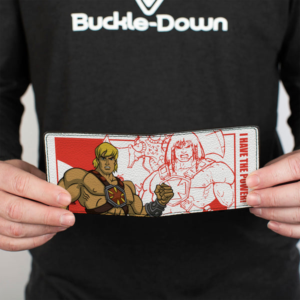 Buckle Down Bi-Fold Wallet - MOTU He-Man I HAVE THE POWER Pose And Sketch White/Red