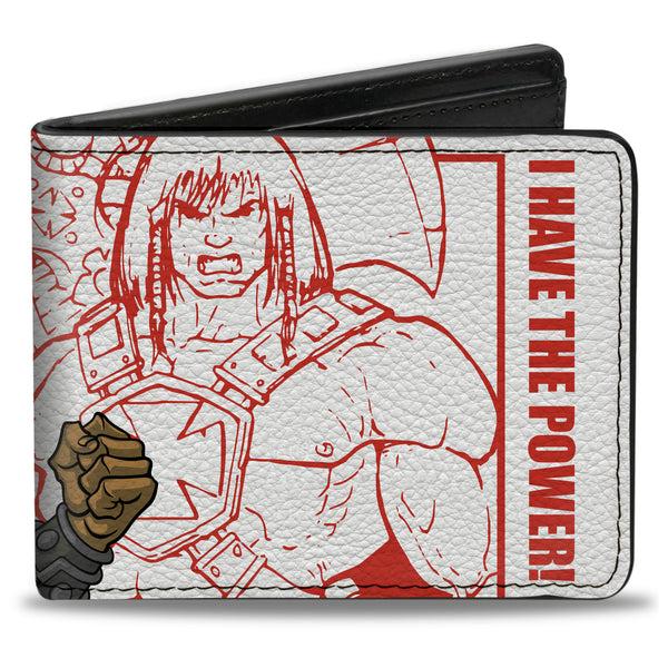 buckle down Bi-Fold Wallet - MOTU He-Man I HAVE THE POWER Pose and Sketch White/Red