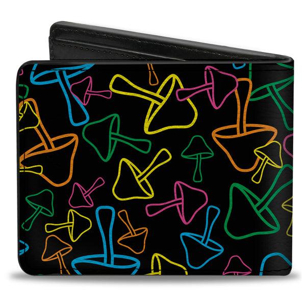 Buckle Down Bi-Fold Wallet - Mushroom Outlines Scattered Black Multi Neon
