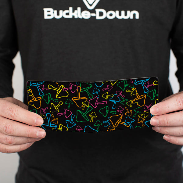 Buckle Down Bi-Fold Wallet - Mushroom Outlines Scattered Black Multi Neon