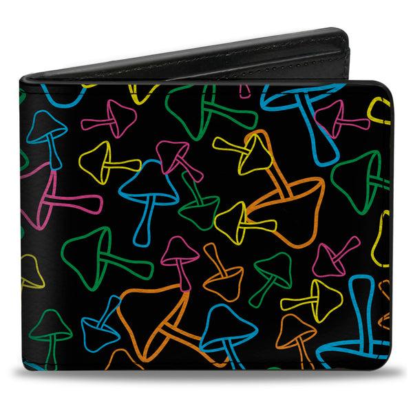 buckle down Bi-Fold Wallet - Mushroom Outlines Scattered Black Multi Neon