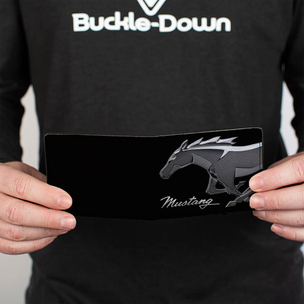 Buckle Down Bi-Fold Wallet - Mustang Chrome Pony MUSTANG Script Black Silver