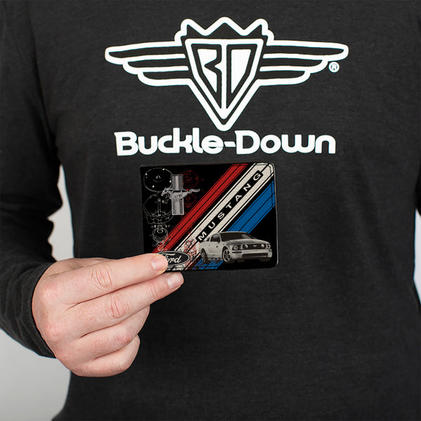 Buckle Down Bi-Fold Wallet - Mustang Tri-Bar Logo Diagonal Stripe Blueprint Black Red White Blue