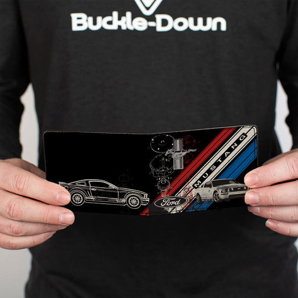 Buckle Down Bi-Fold Wallet - Mustang Tri-Bar Logo Diagonal Stripe Blueprint Black Red White Blue